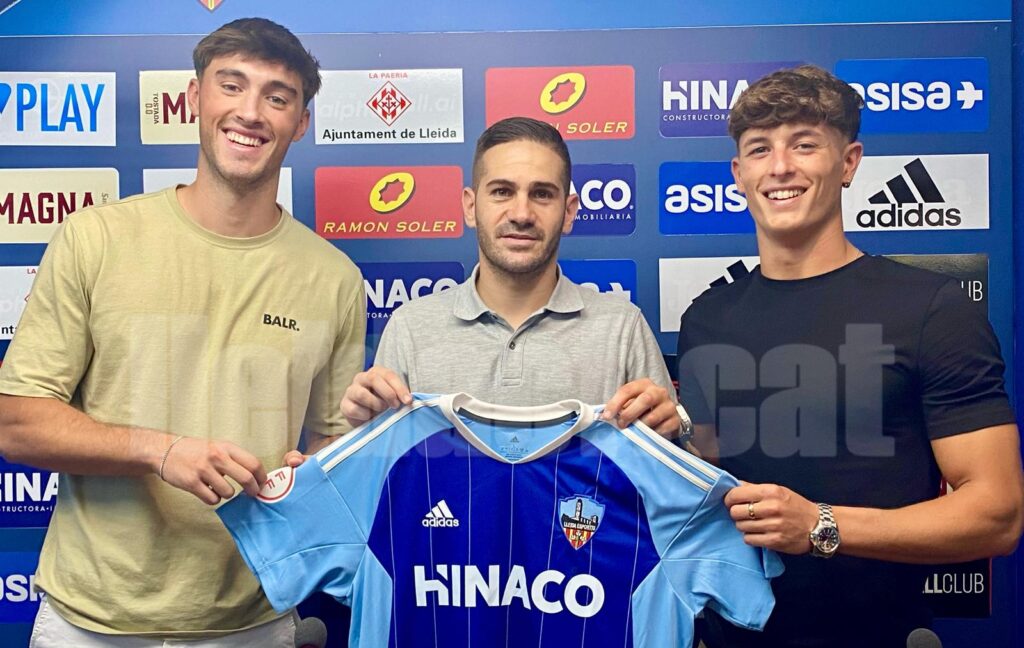 Marc Fuentes i Yeray Izquierdo amb Raul Fuster a la roda de premsa de la seva presentació / Lleida CF